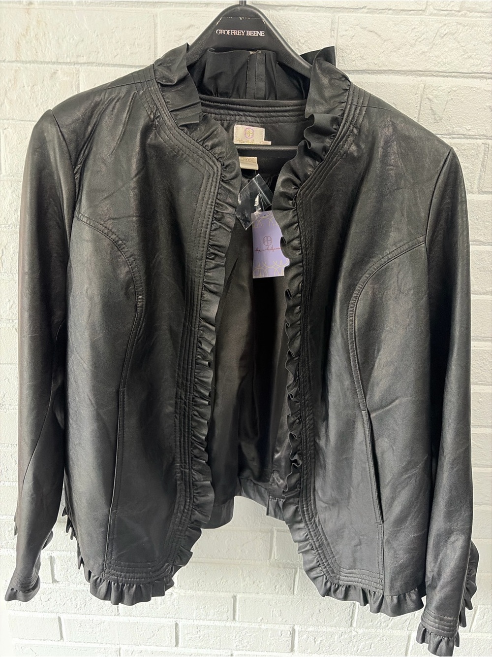 Leather Faux Ruffle Trim Jacket - Black